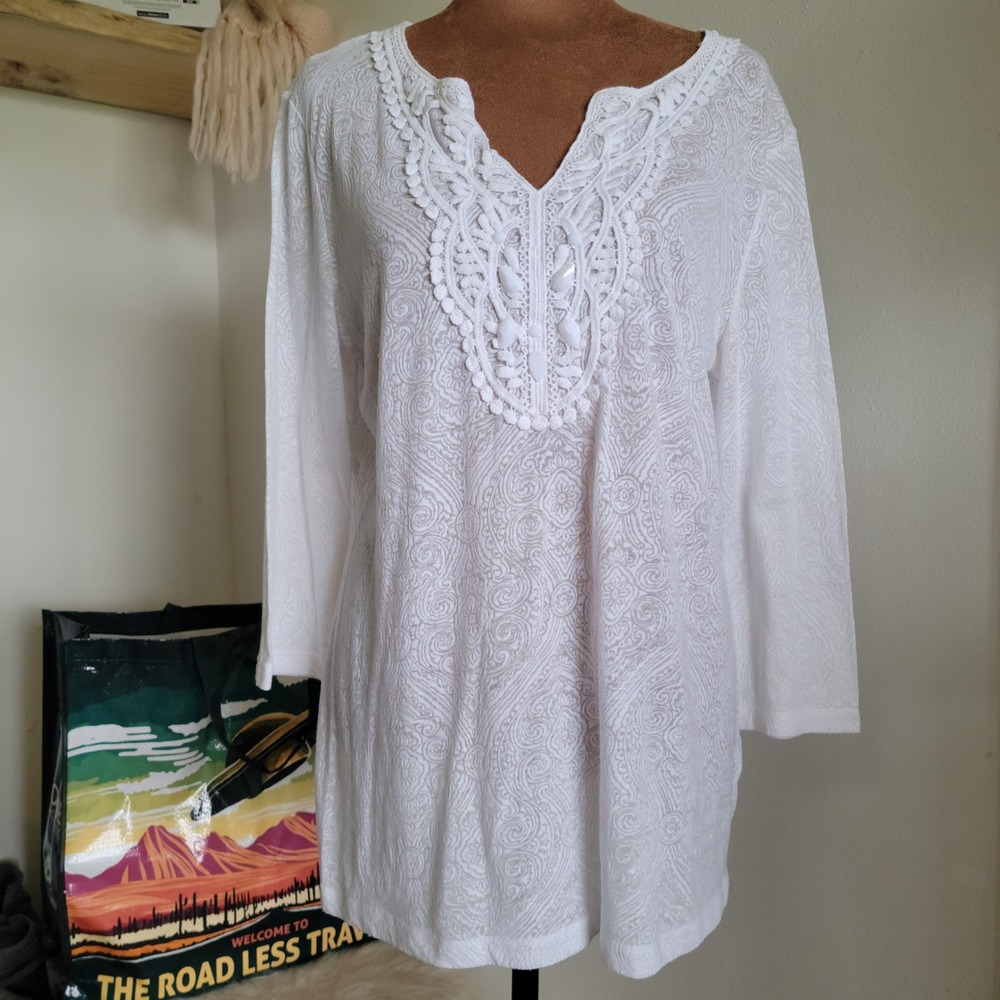 Emma James‎ White Paisley Burnout Tunic Top Crochet Lace V-Neck 3/4 Sleeve Large